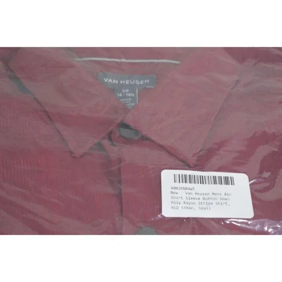 Van Heusen Air Stripe Collar Shirt Men's Size S 14 / 14.5 Button Front Red Syrah - Picture 2 of 6
